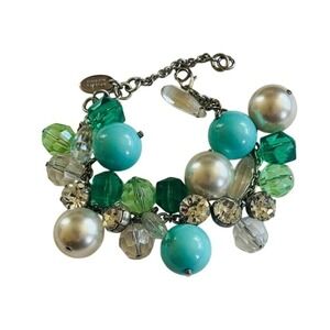 Rada Italy Teal Bracelet Crystal Lucite Chunky Charm beaded Dangle Silver Blue